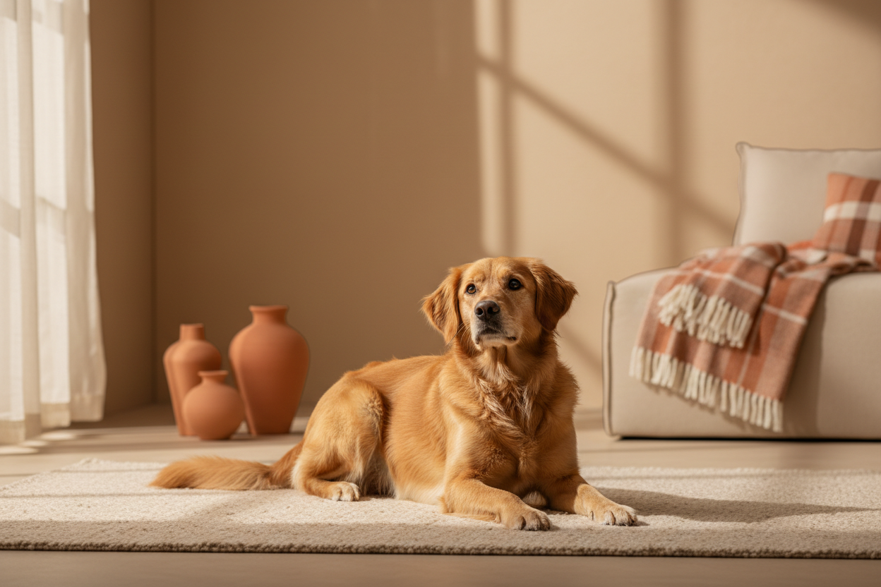 Warm, premium lifestyle scene of a dog in a cozy home environment, soft natural light, warm beige and sand-toned background (#F4E7D6), subtle charcoal-brown shadows (#3A2F29), terracotta accents (#C8744A). A friendly medium-sized dog (Golden Retriever or mixed breed) looking up with gentle curiosity, conveying trust, comfort, and companionship. Minimalistic, emotionally warm aesthetic. No clutter, no harsh colors, no artificial look. Soft depth-of-field, professional photography style, high resolution, warm